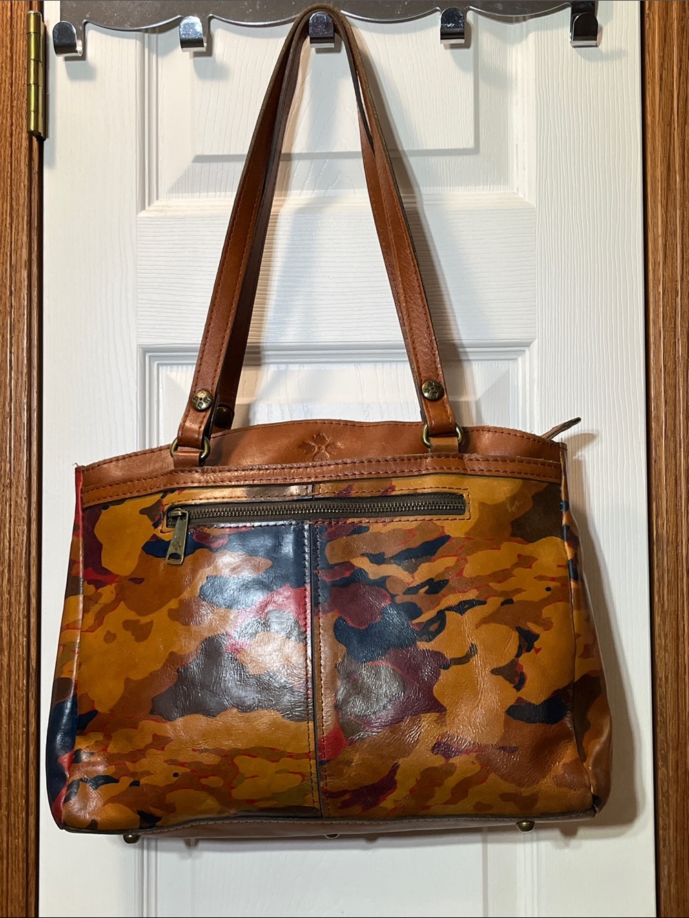 Patricia Nash Parisian Camo Print & Brown Leather Shoulder Bag Purse